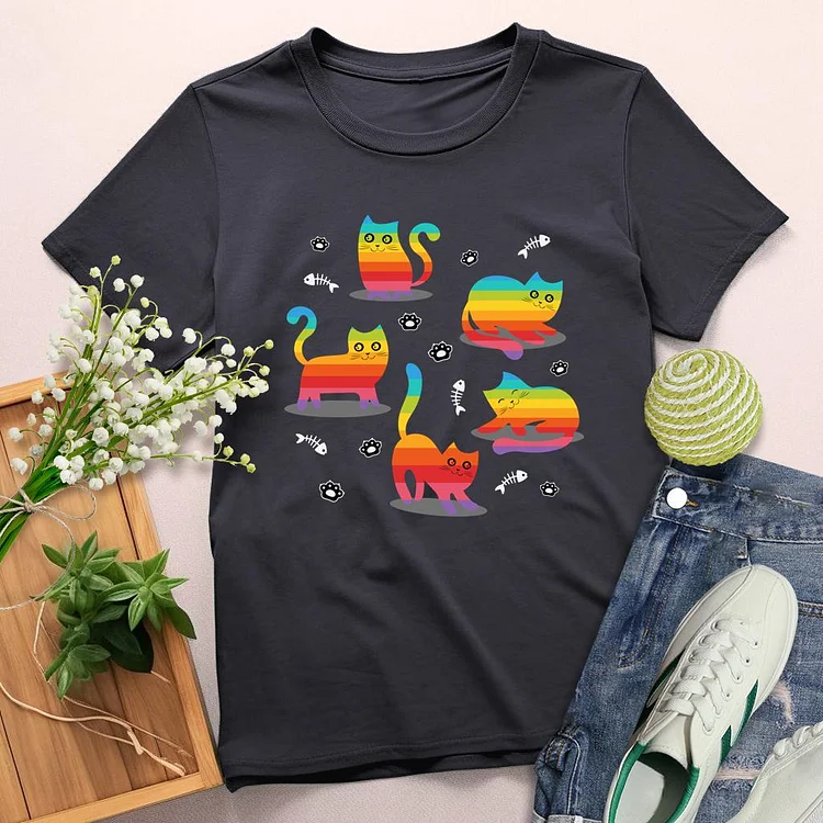 Rainbow cat and fish bones Round Neck T-shirt-0025233