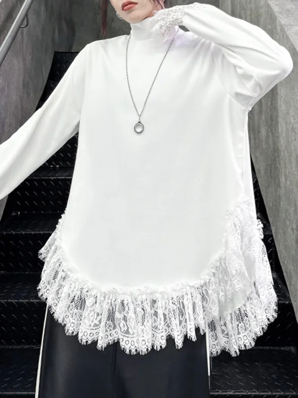 Split-Joint Solid Color Loose Long Sleeves High Neck T-Shirts Tops