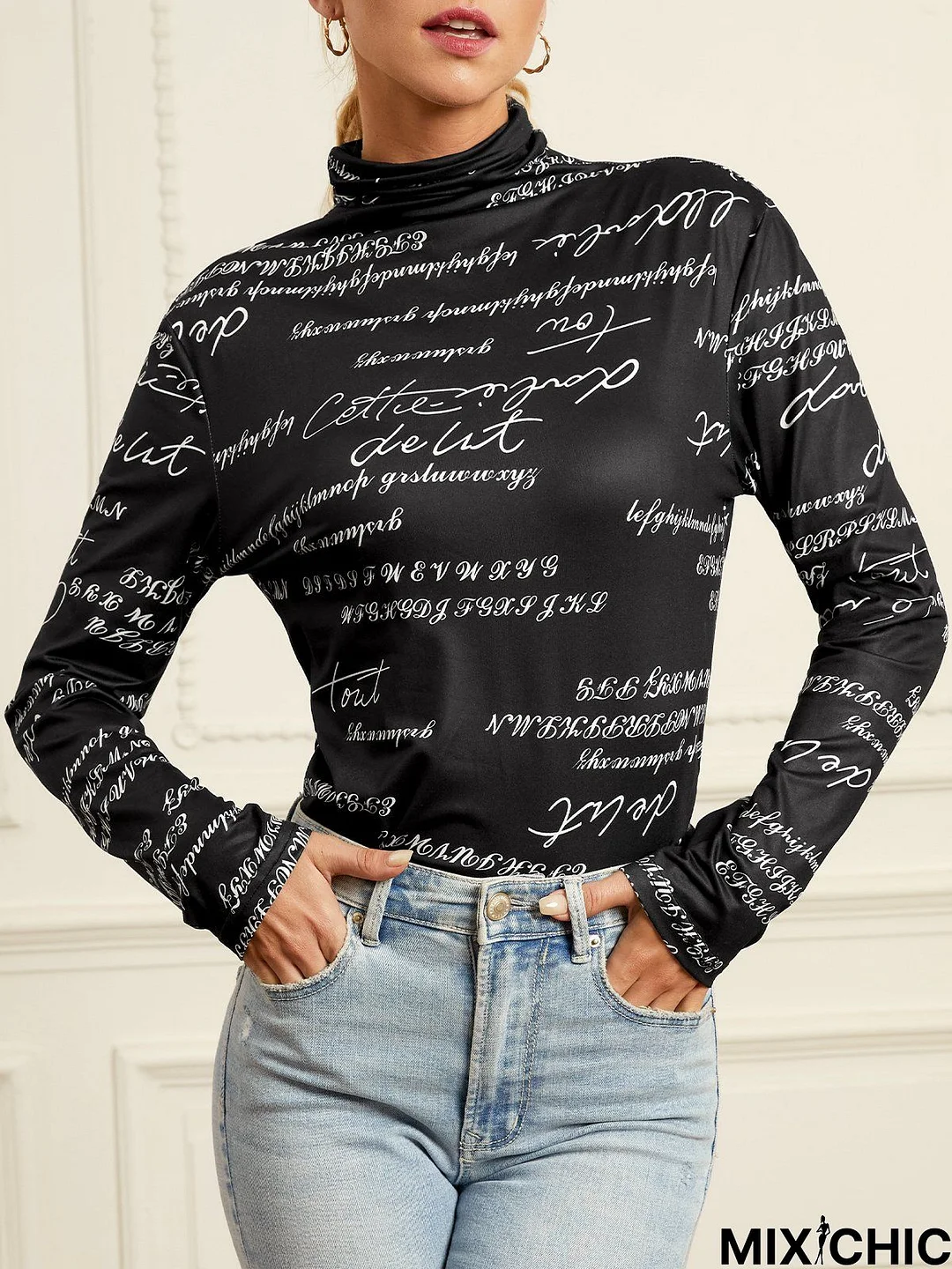 Daily Long sleeve Regular Fit Text Letters Turtleneck T-Shirt