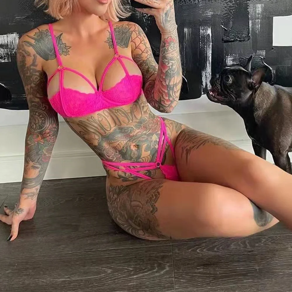 Billionm Neon Green Lingerie Underwear Women Lace Set Hollow Out Bra Panties Thong 2 Pieces Sexy Nightwear Erotic Costumes Intimate Suit