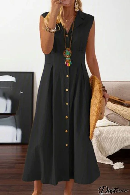 Lapel button Sleeveless Midi Dress