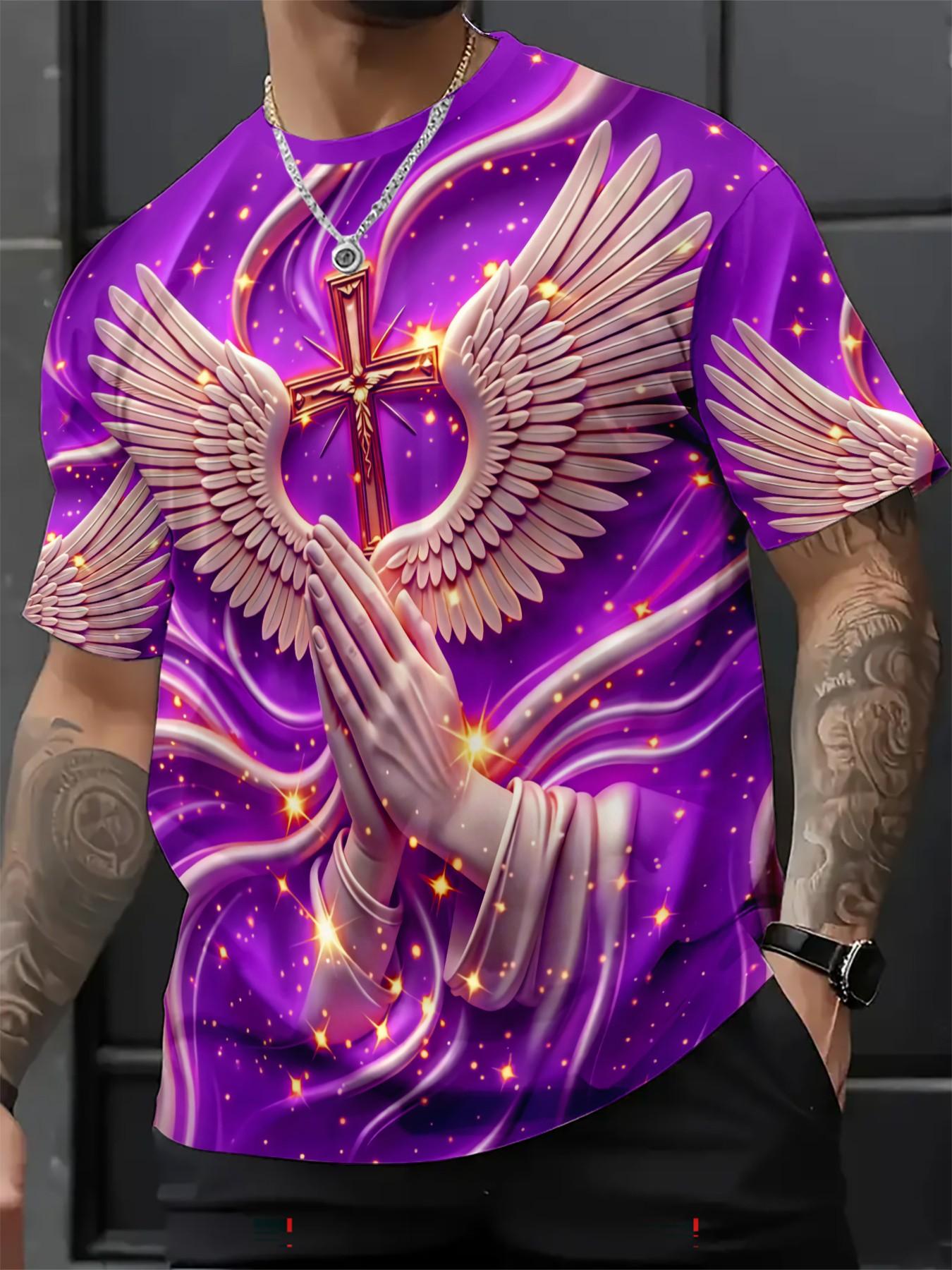 New Religious Prayer Hand Angel Wings Cross Print Men's Round Neck 3D High-Definition Short Sleeve, Sporty Slim-Fit Summer T-Shirt