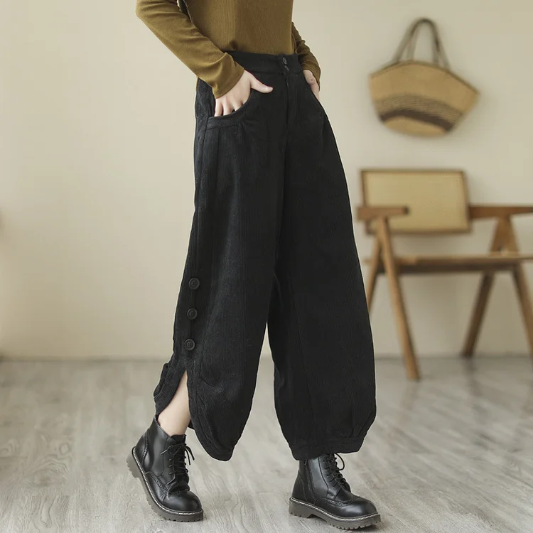 Loose Solid Color High-Waisted Corduroy Pants