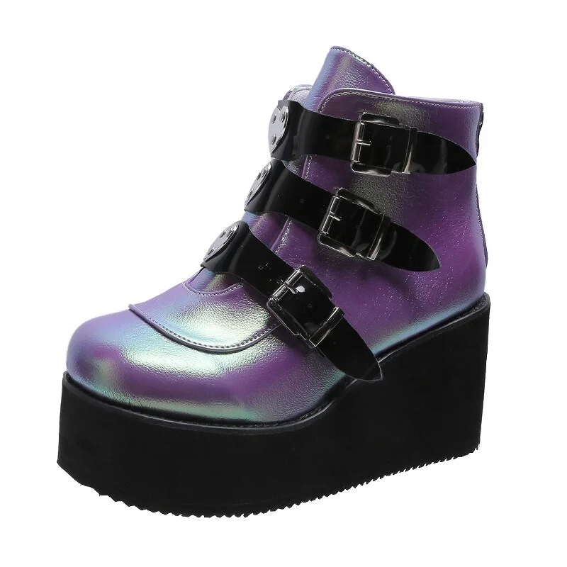 Yyvonne 2022 Brand New Metal Buckle Ankle Boots Women Fashion Punk Female High Platform Boots Wedges High Heels Shoes Woman