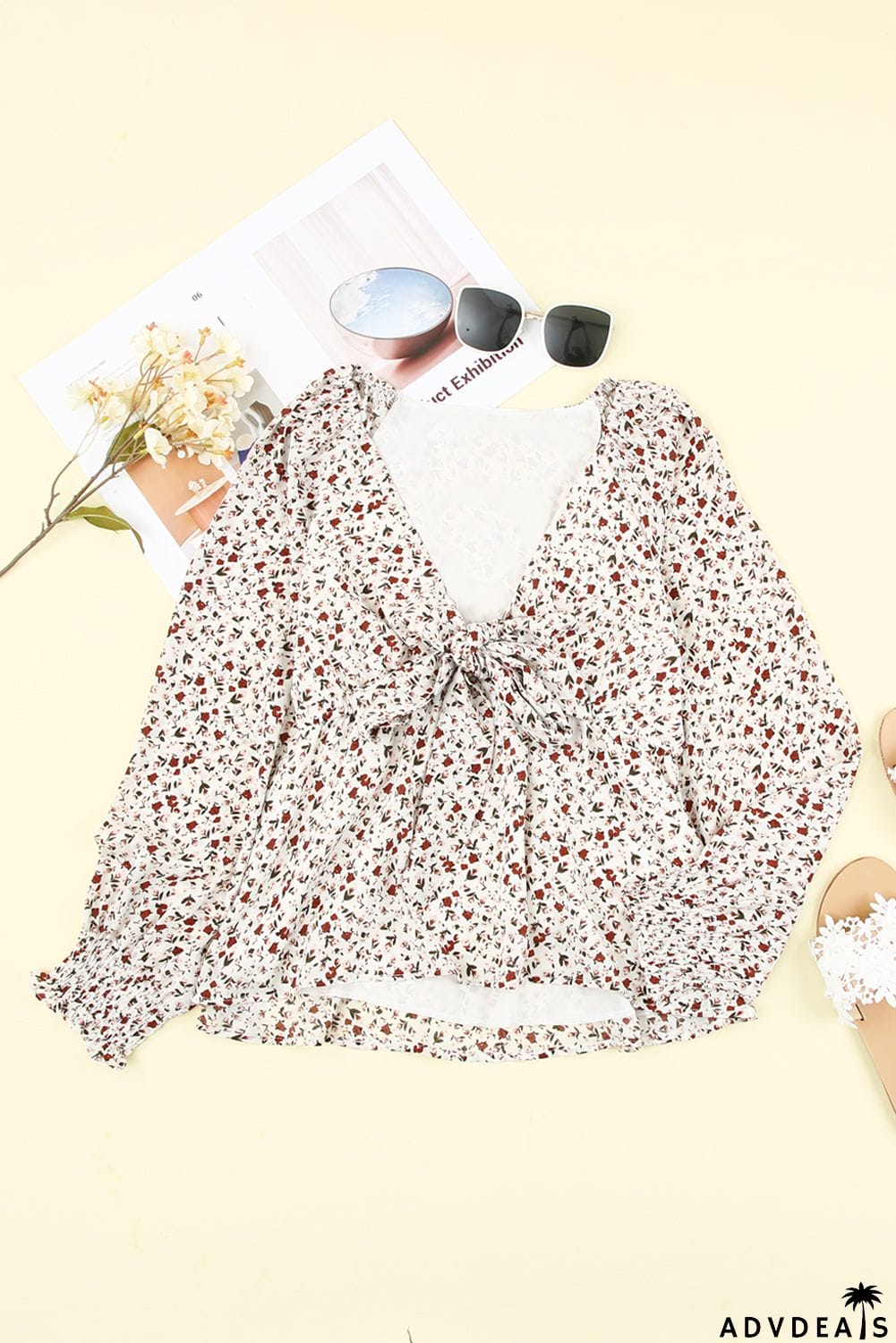 Floral Print Front Tie Ruffled Long Sleeve Blouse