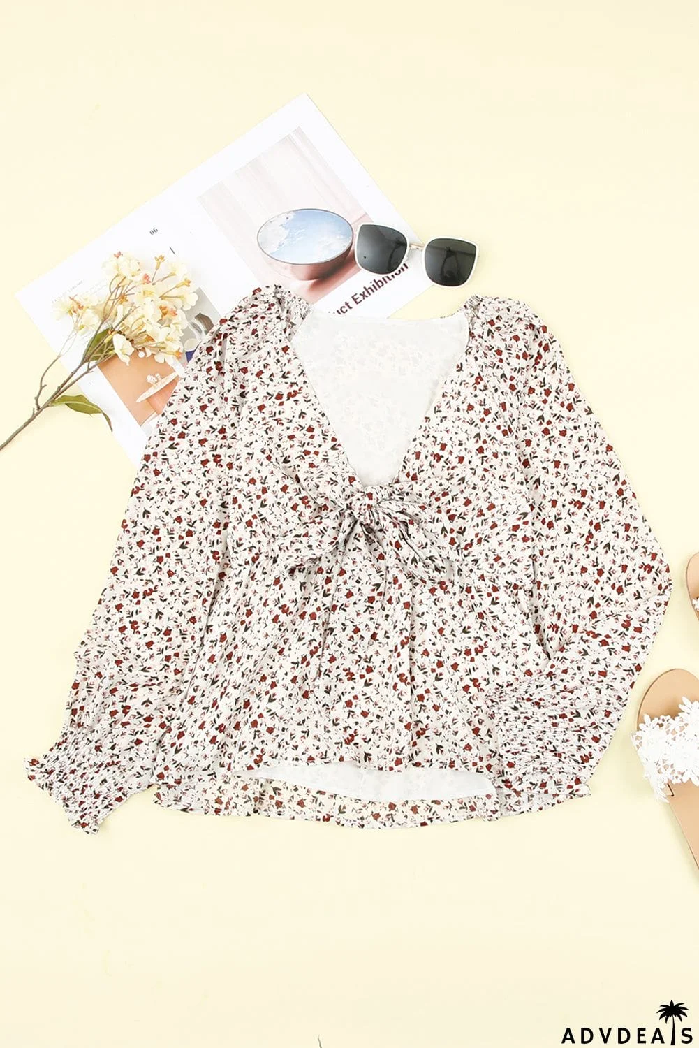 Floral Print Front Tie Ruffled Long Sleeve Blouse