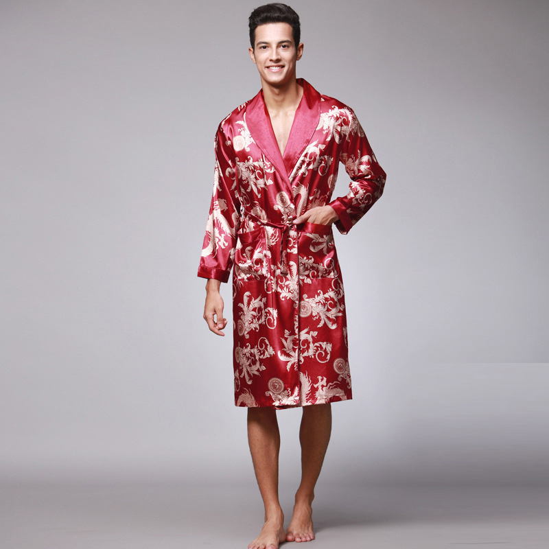 Trusthomeno Men Sleepwear Shower Robe Bathrobe Man Pajama with Belt Imitation Silk Printing Bathrobe Satin Pijama Hombre Pyjama Loungewear