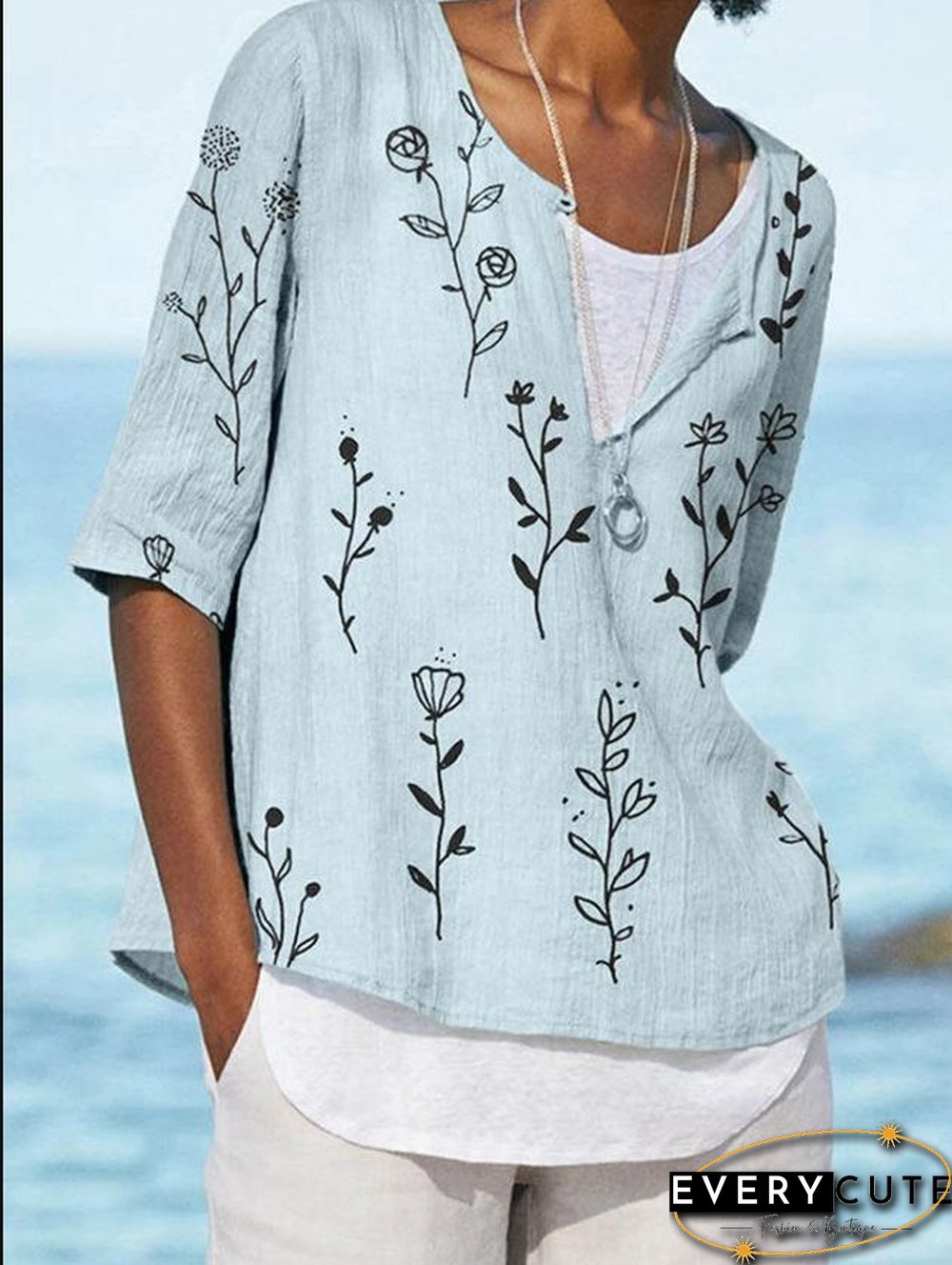 Light V Neck Floral Printed Half Sleeve Shirt
