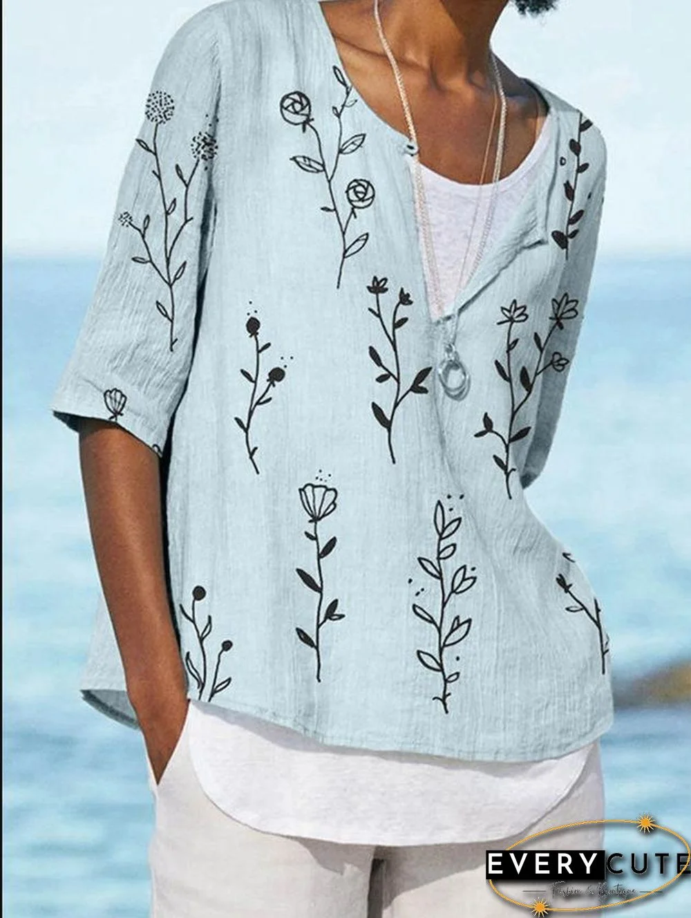 Light V Neck Floral Printed Half Sleeve Shirt