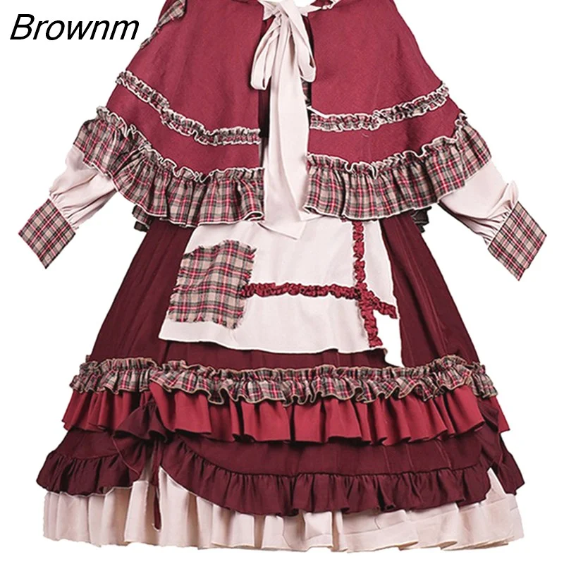 Brownm HOT Sweet Girl Lolita Women Dress Vintage Patchwork Red Dress with Cloak Cute Female Bing Cosplay Little Red Riding Hood