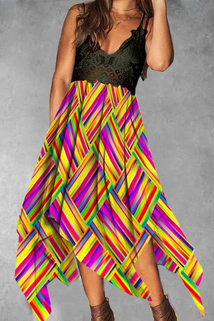 Women's Rainbow Striped Squares Irregular Hem Midi Dress