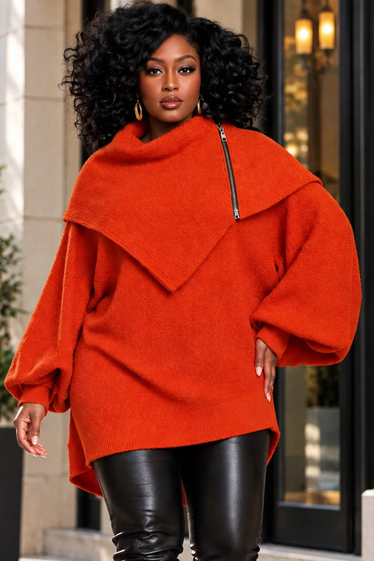 Xpluswear Design Plus Size Daily Orange High Collar Long Sleeve Zipper Crochet Sweaters [Pre-Order] 2024 - Xpluswear