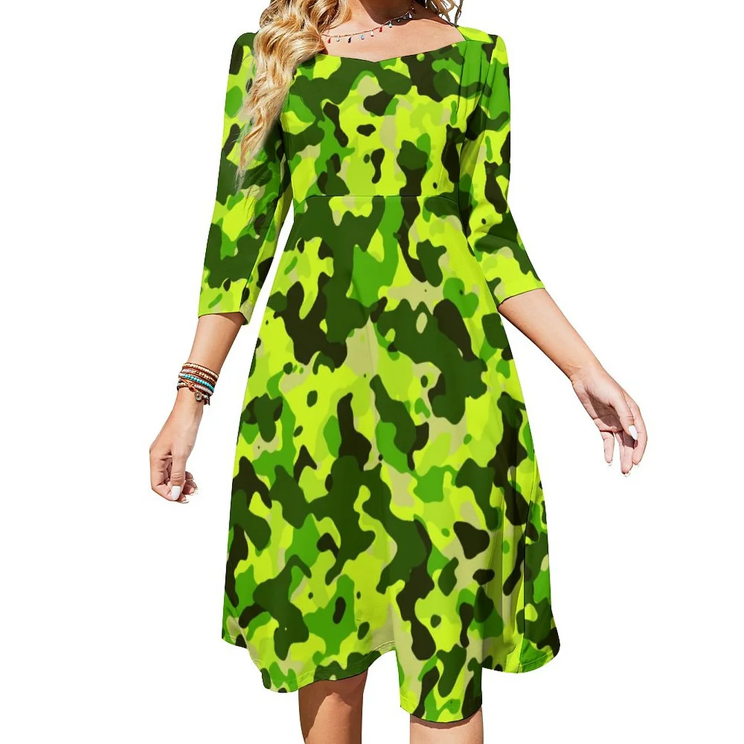 Neon Green Camouflage Pattern Gym Yoga Dress Sweetheart Tie Back Flared 3/4 Sleeve Midi Dresses