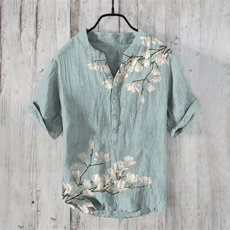 Men's Vintage Japanese Art Magnolia Flower V Neck Casual Linen Blend Shirt