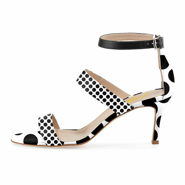 Women's Leila Black and White Dots Mid-heel Ankle Strap Sandals |FSJ Shoes