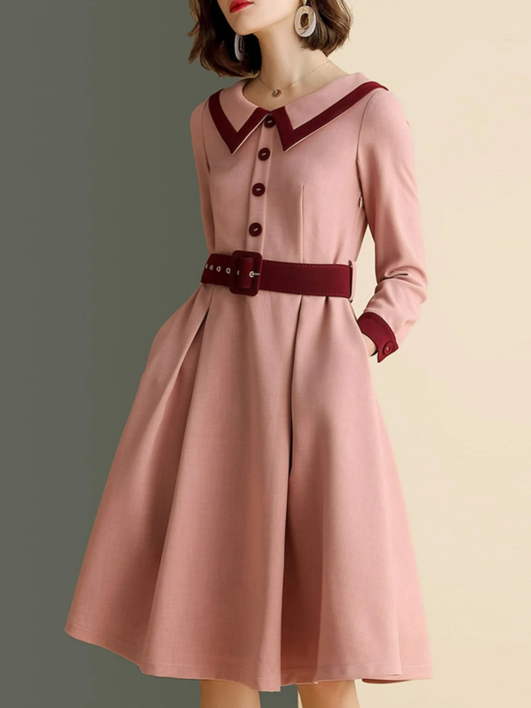 Peter Pan Collar A-Line Zipper Elegant Midi Dress