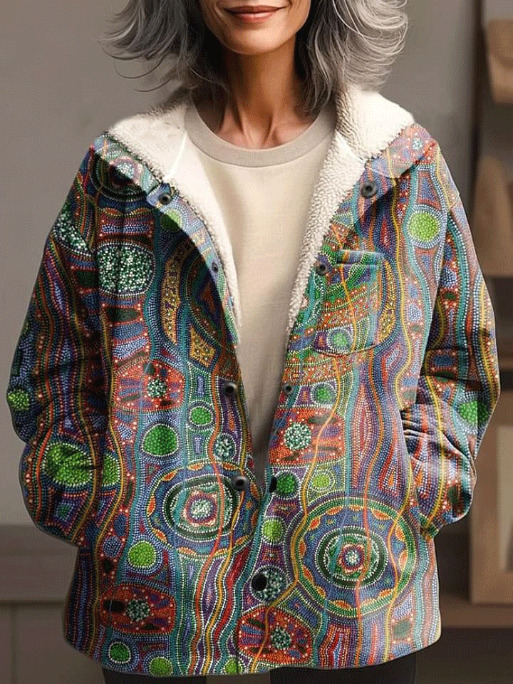 Women's Irregular Circle Art Print Waffle Plush Thickened Long Sleeve Hooded Jacket