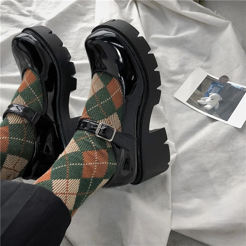 Lucyever Patent Leather Pumps Spring Autumn Mary Jane Shoes Women's Buckle Strap High Heels Retro Platform Lolita Heels Woman