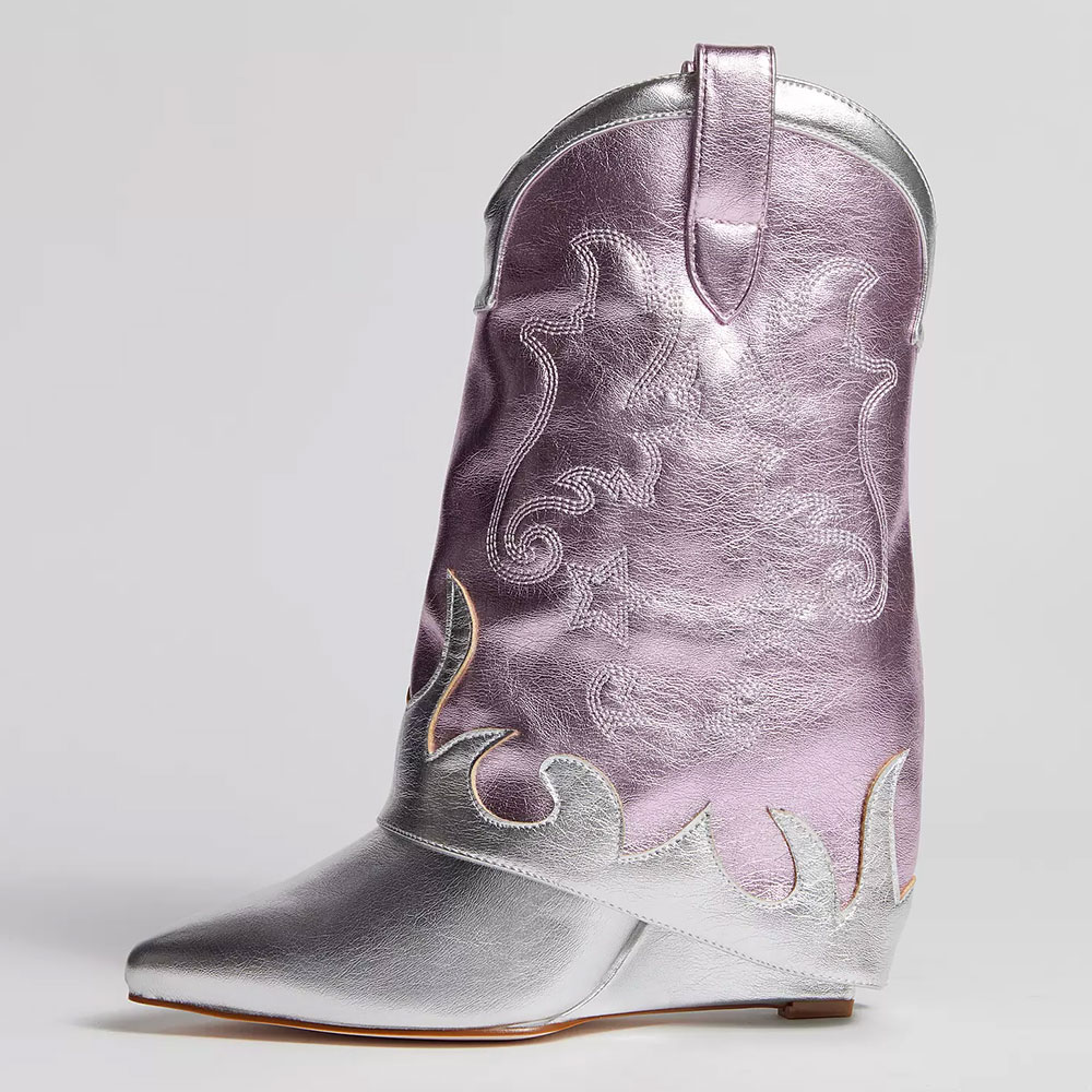 Silver & Pink Metallic Fold Over Mid-Calf Cowgirl Boots with Wedge