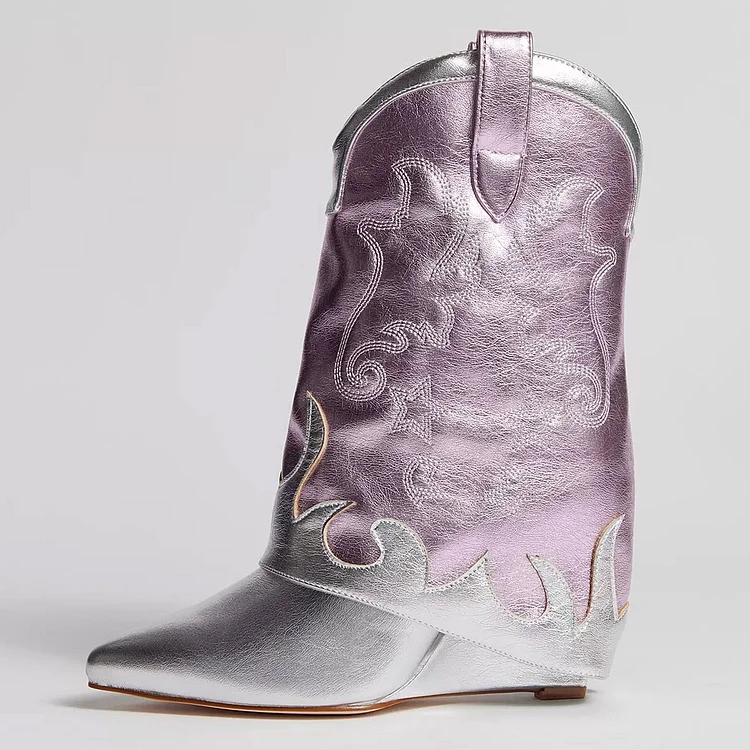Silver & Pink Metallic Fold Over Mid-Calf Cowgirl Boots with Wedge |FSJ Shoes