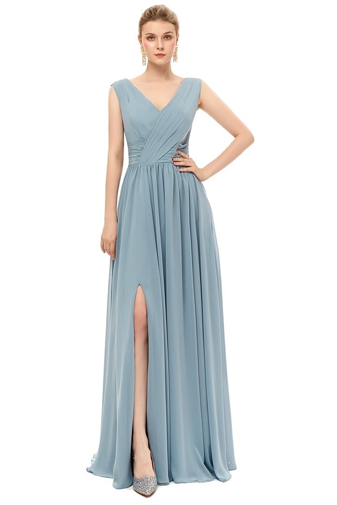 Dusty Blue V-Neck Lace-up Bridesmaid Dress With Slit BD0043