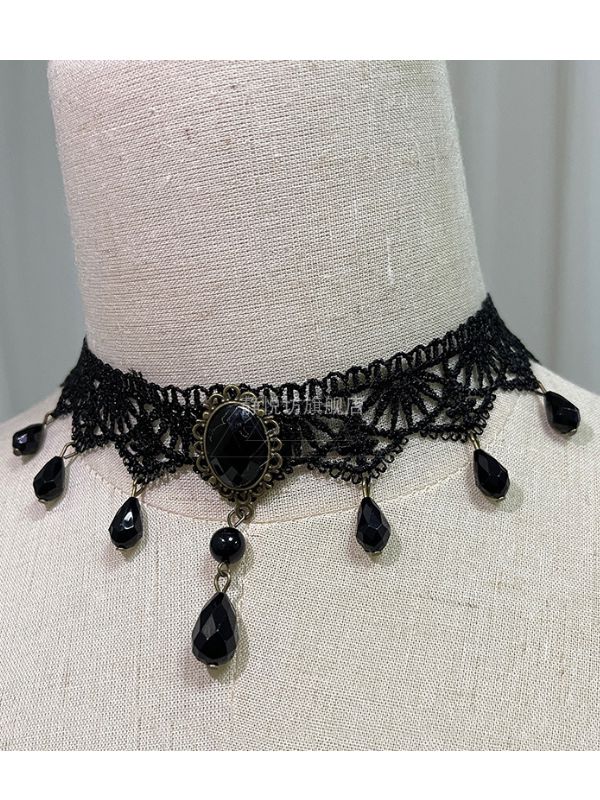Gothic Dark Vintage Beads Chains Lace-up Mesh Cutout Alloy Choker