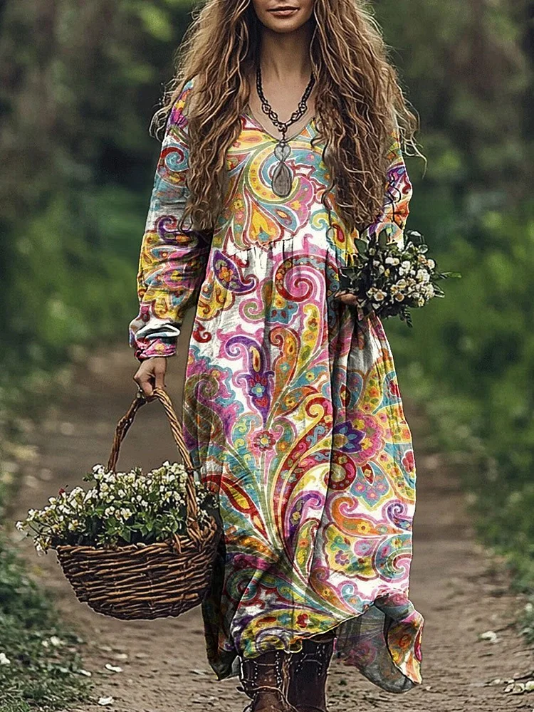 Women's Retro Floral Print Pocket Cotton Dress
