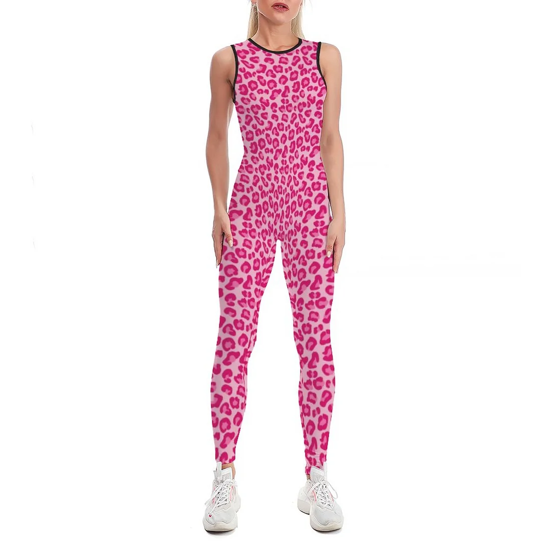 Leopard Print In Pastel Pink Hot Pink And Fuchsia Women Workout Jumpsuits Sleeveless Sport Yoga Leggings Gym Bodysuits
