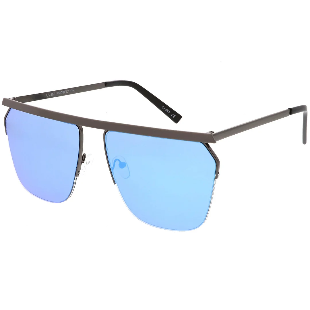 Overesize Modern Semi Rimless Aviator glasses Straight Crossbar Color Mirrored Flat Lens 63mm