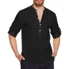 Men's Stand Collar Casual Solid Color Loose Cotton and Linen Shirt