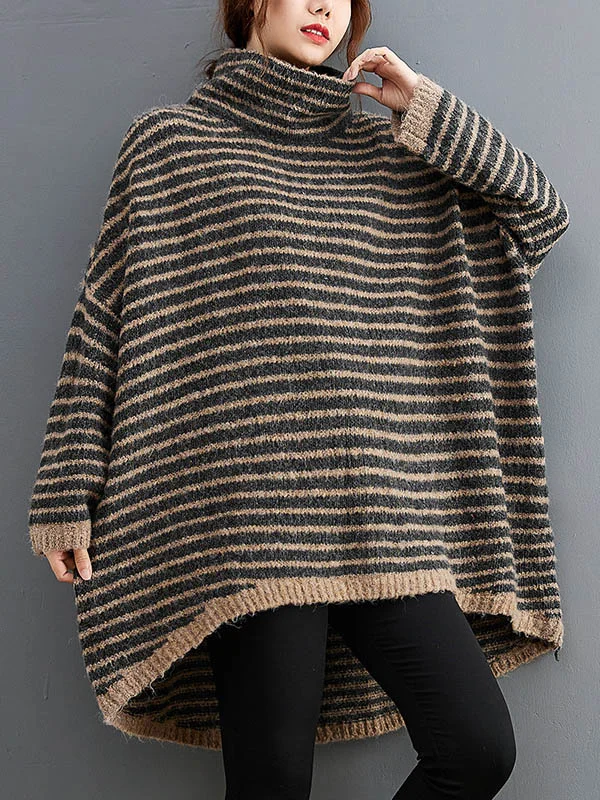 Loose Striped High-Low Heaps Collar Long Sleeves Knitwear