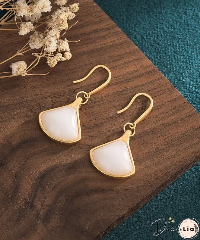 Stylish White Ancient Gold Jade Fan Shaped Drop Earrings