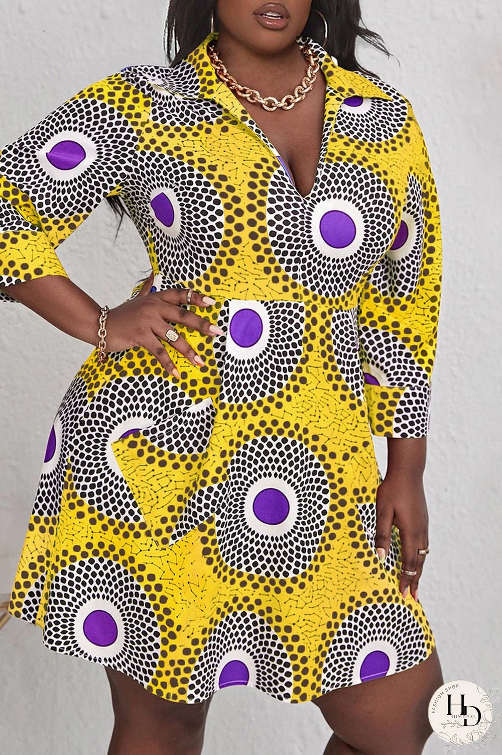 Rose Red Casual Print Split Joint V Neck A Line Plus Size Dresses