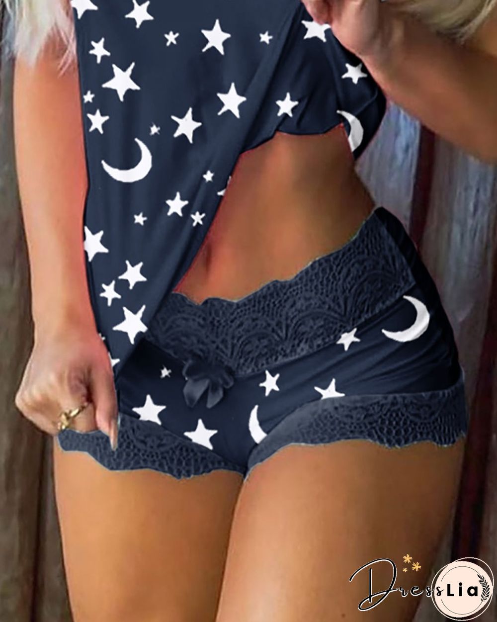 Star Moon Print Lace Trim Bowknot Decor Cami Set