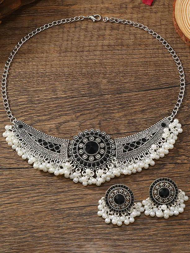 Women's Full Of Pearl Rhinestone Vintage Necklace Earrings Two Piece Set