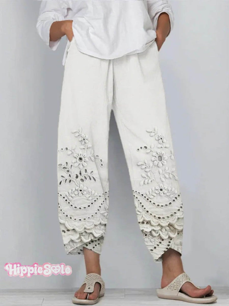 Women’s Vintage Lovely Floral Art Printed Cotton And Linen Casual Pants White / S