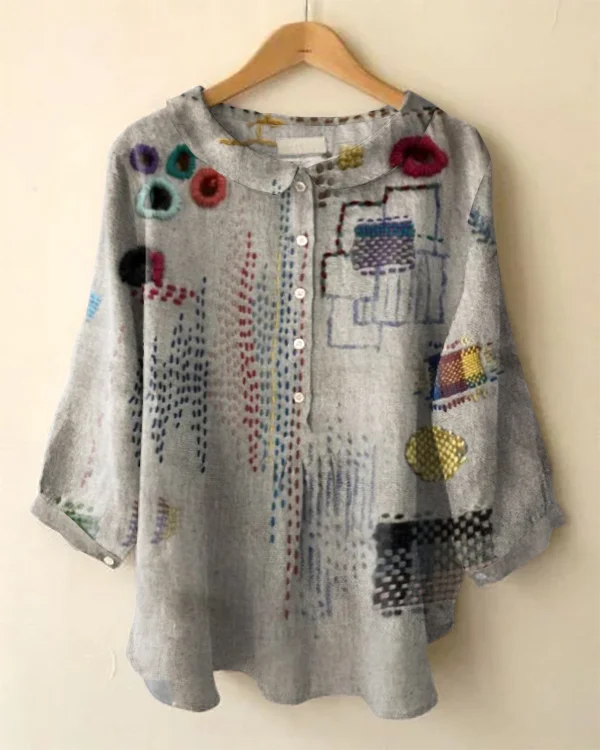 Vintage Long Sleeve Peter Pan Collar Sashiko Print Shirt
