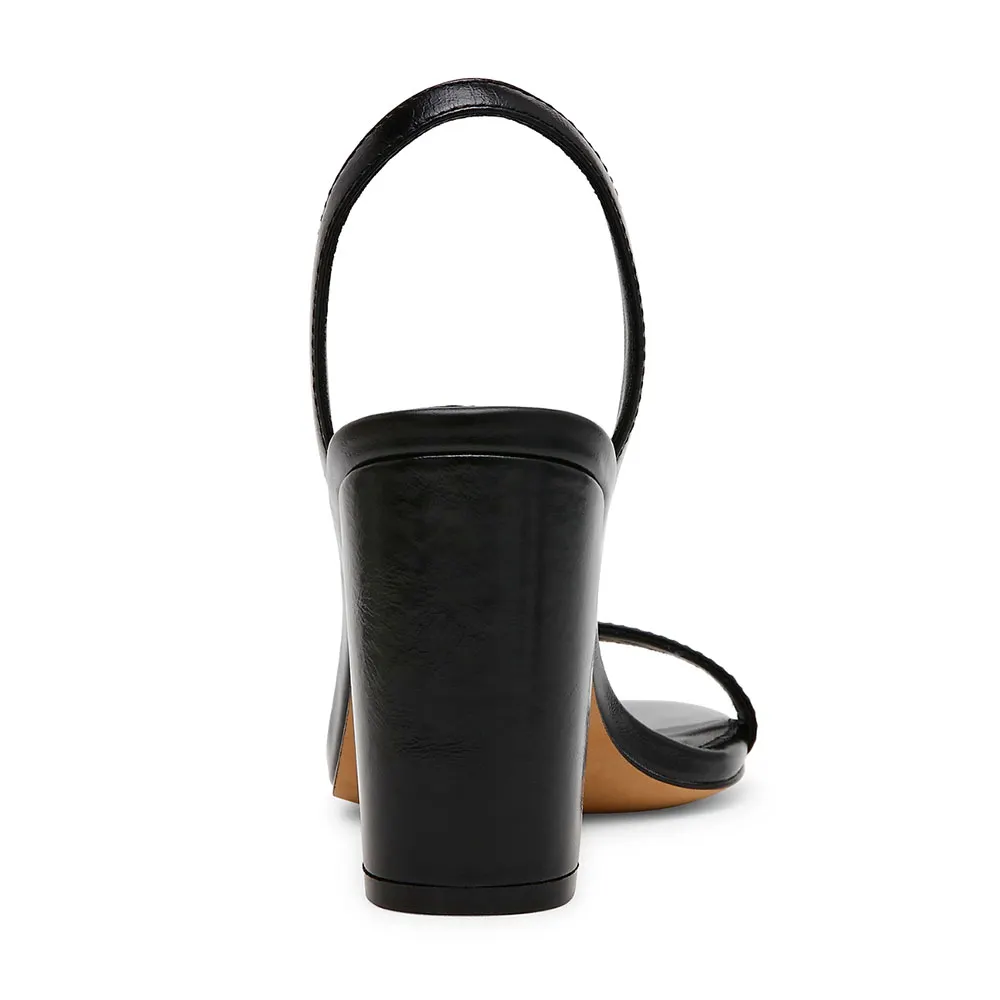 Black Faux Leather Round Toe Chunky Heel Slip On Women's Sandals