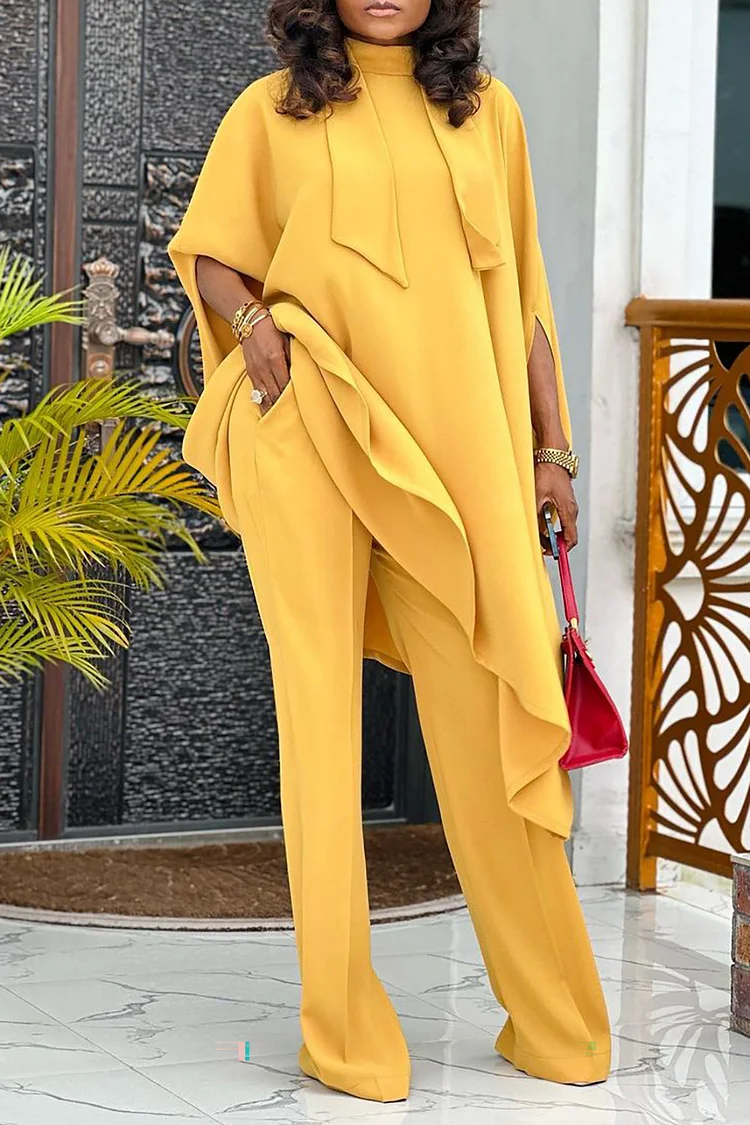 Plus Size Business Casual Pant Set Yellow Mock Neck Asymmetrical Two Piece Pant Set With Pocket 