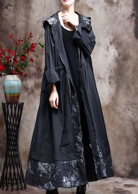 Plus Size Black Hooded Patchwork  trench coats