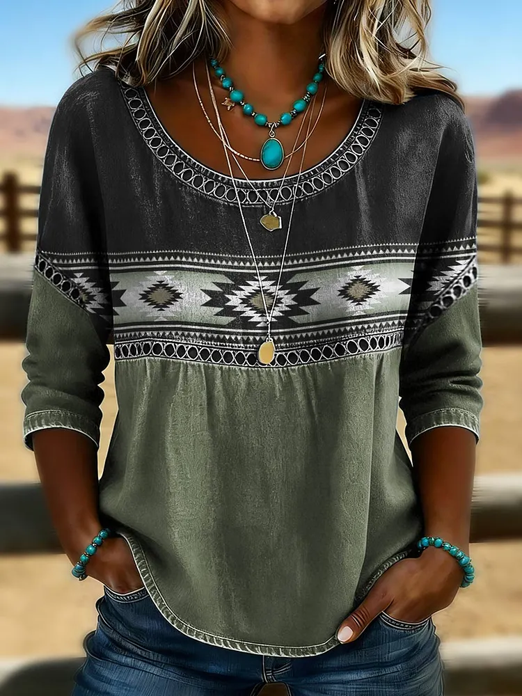 Women's Aztec Print Casual Hollow Denim Shirt
