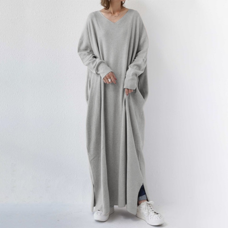 Casual Solid Color V-Neck Knitted Maxi Dress