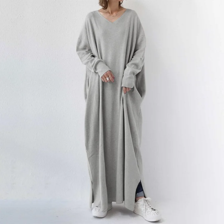 Casual Solid Color V-Neck Knitted Maxi Dress - yankia