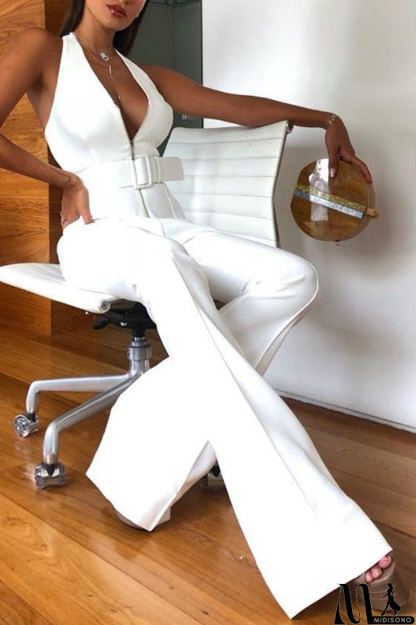 MidiSono - White V-neck Halter Sleeveless Jumpsuit