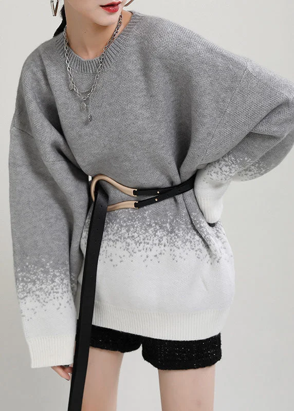 diy Grey O-Neck Loose Fall Casual Knit Sweater