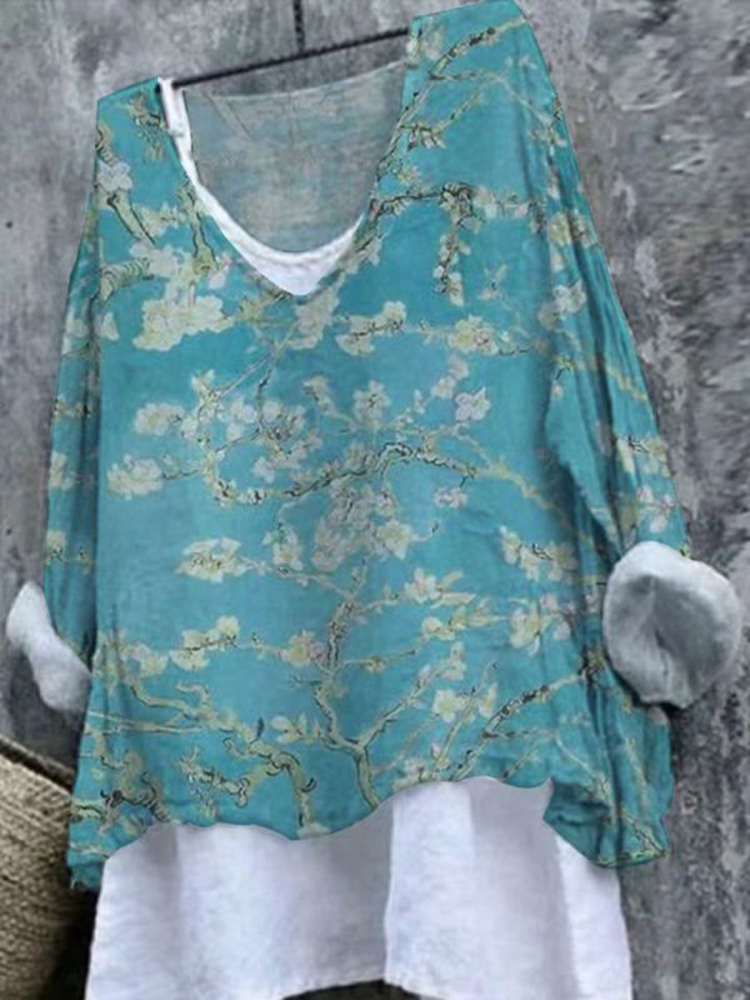Vintage Floral Cotton And Linen V-Neck Cozy Shirt Tunic Top