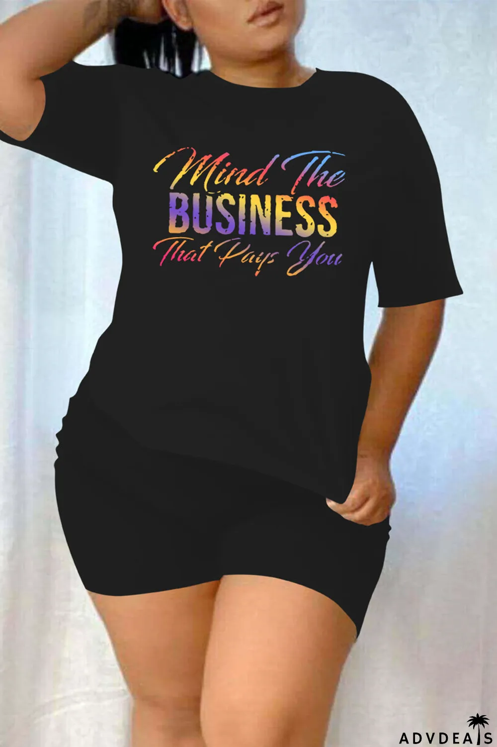 Black Fashion Casual Letter Print Basic O Neck Plus Size Two Pieces