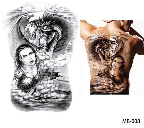 48*35 cm large tattoo stickers 2018 new designs fish wolf buddha waterproof temporary flash tattoos full back chest body for men