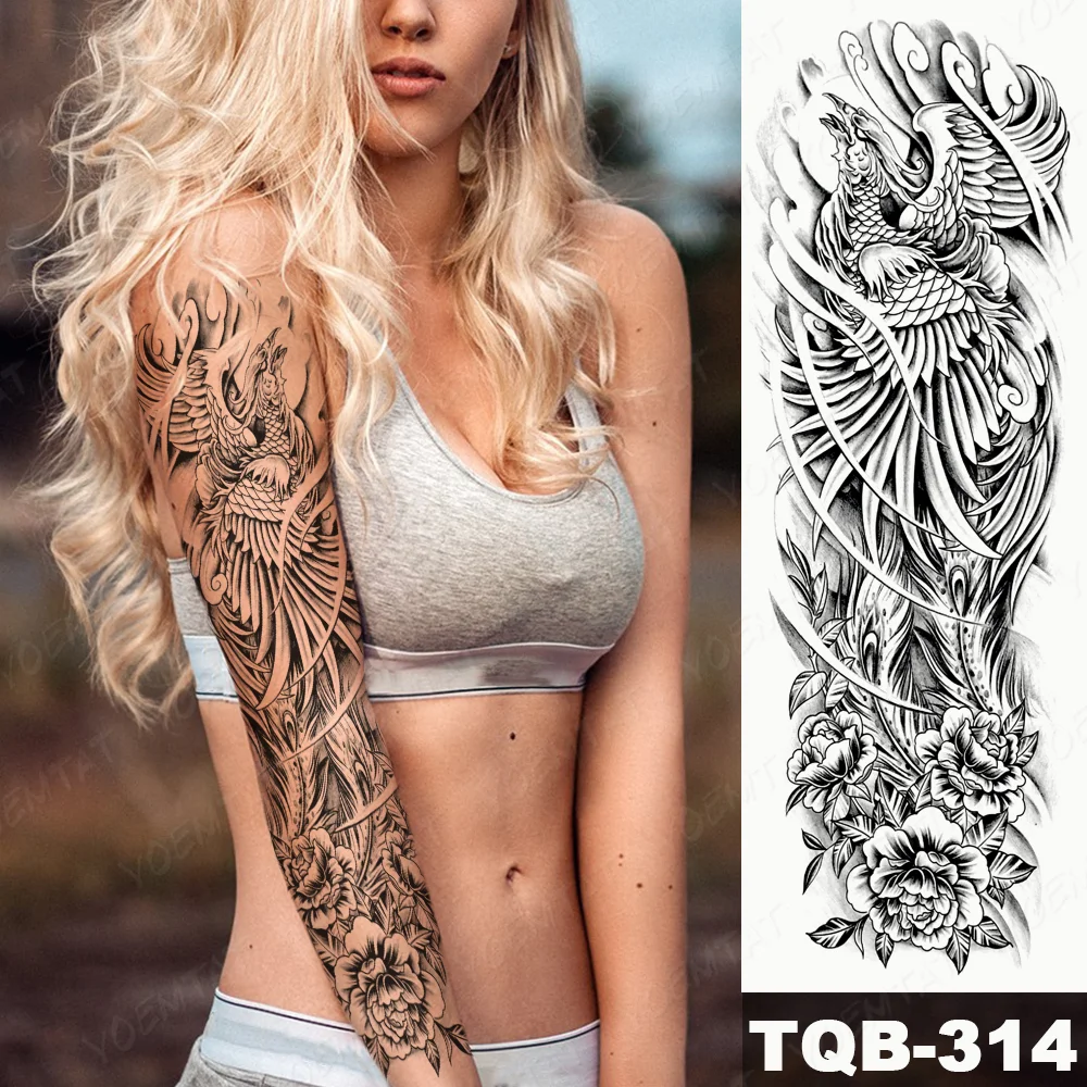 Sdrawing Arm Waterproof Traditional Temporary Tattoo Stickers Women Men Black Line Flowers Koi Crane Thigh Body Art Fake Tattoos