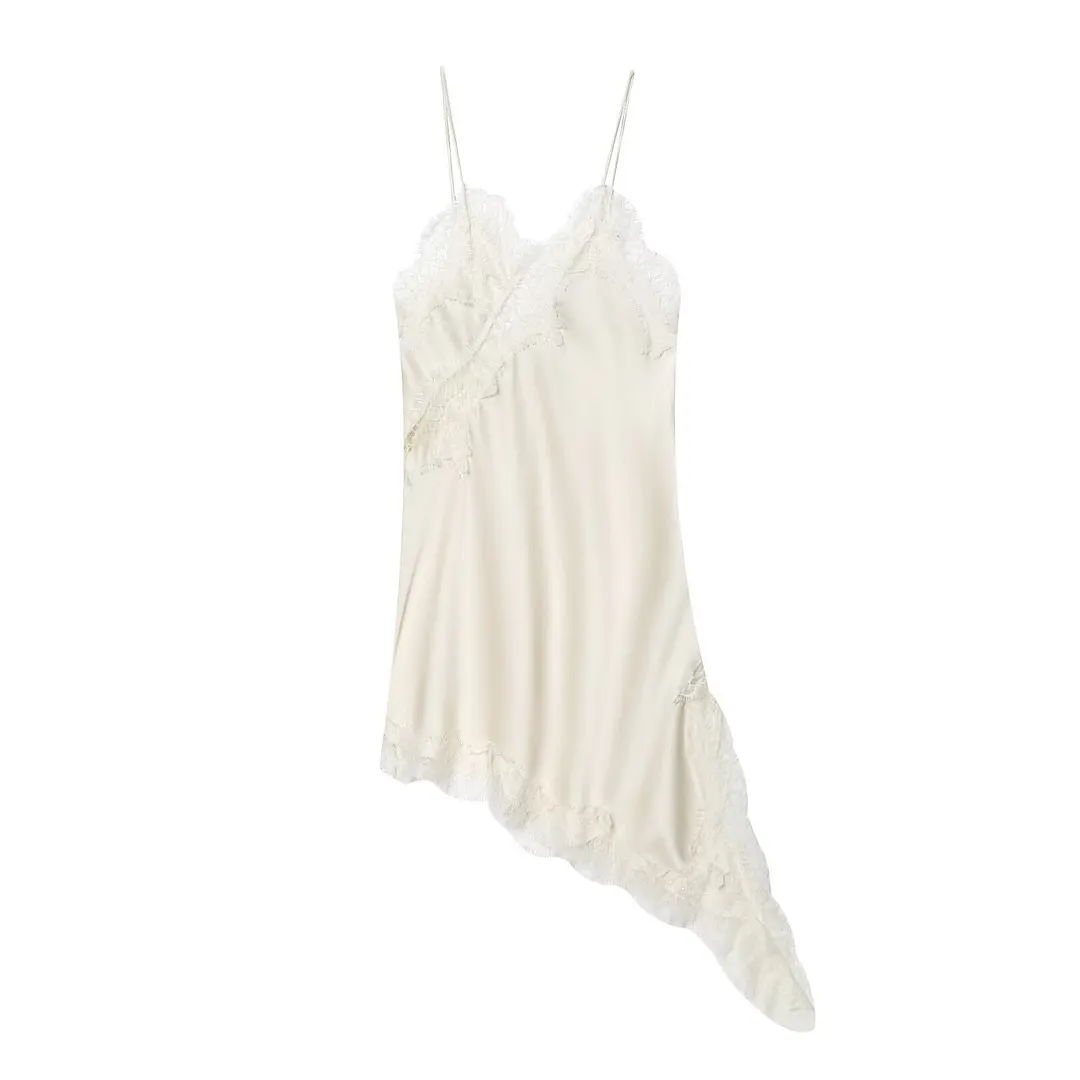 Solid Lace Trim Spaghetti Strap Irregular Hem Mini Slip Dress